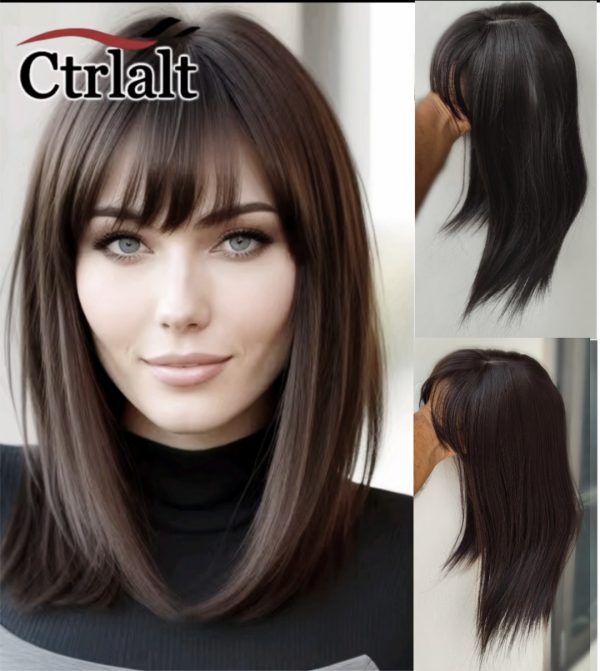 14" Natural Invisible T-shaped Swiss Net Hair Wigs With Bangs for Women Topper